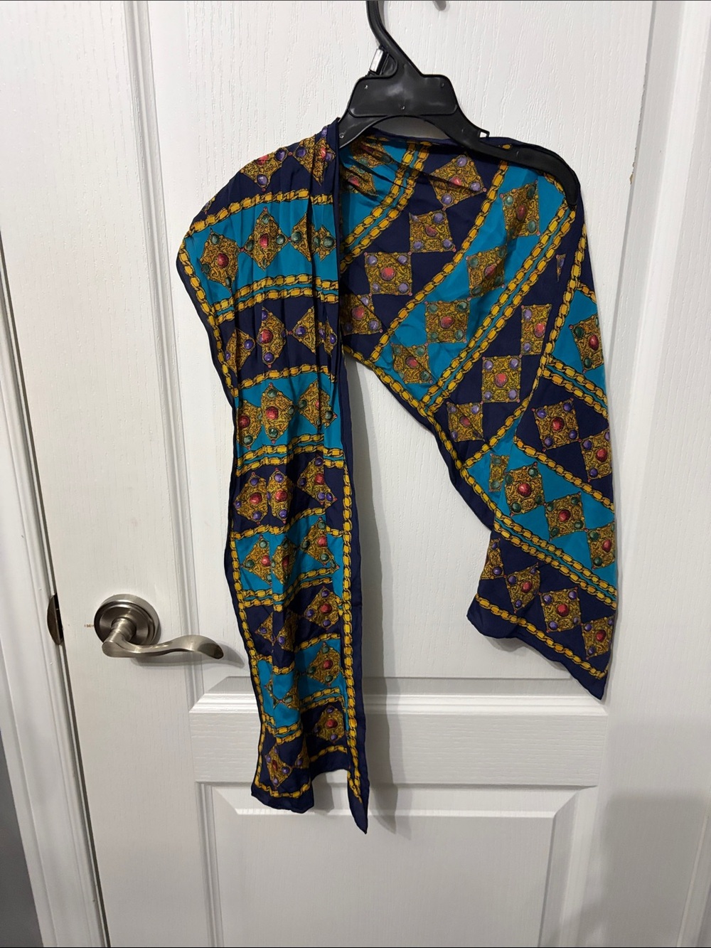 Silk-Feel Teal and Navy Decorative Scarf - Unbranded